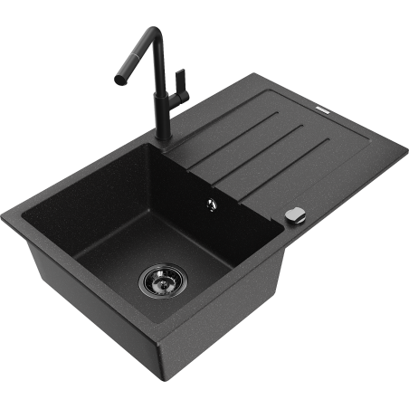 Mexen Bruno granite kitchen sink with 1 basin, drainer, and Flora kitchen faucet, black/silver metallic - 6513-73-670401-70-B