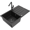 Mexen Bruno fregadero de granito de 1 cubeta con escurridor y grifo de cocina Flora, negro/plata metálica - 6513-73-670401-70-B