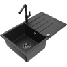 Mexen Bruno granite kitchen sink with 1 basin, drainer, and Flora kitchen faucet, black/silver metallic - 6513-73-670401-70-B