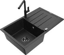 Mexen Bruno fregadero de granito de 1 cubeta con escurridor y grifo de cocina Flora, negro/plata metálica - 6513-73-670401-70-B
