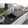 Mexen Bruno Granitspüle 1-Becken mit Abtropffläche und Küchenarmatur Flora, Schwarz/Gold Metallic - 6513-75-670401-00