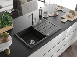 Mexen Bruno Granitspüle 1-Becken mit Abtropffläche und Küchenarmatur Flora, Schwarz/Gold Metallic - 6513-75-670401-00