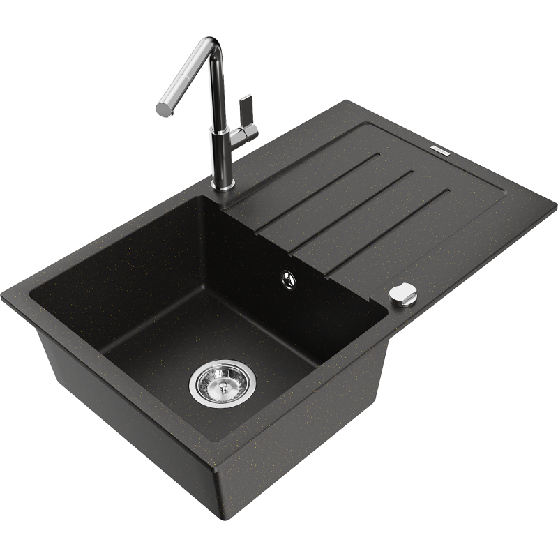 Mexen Bruno fregadero de granito de 1 cubeta con escurridor y grifo de cocina Flora, negro/dorado metálico - 6513-75-670401-00