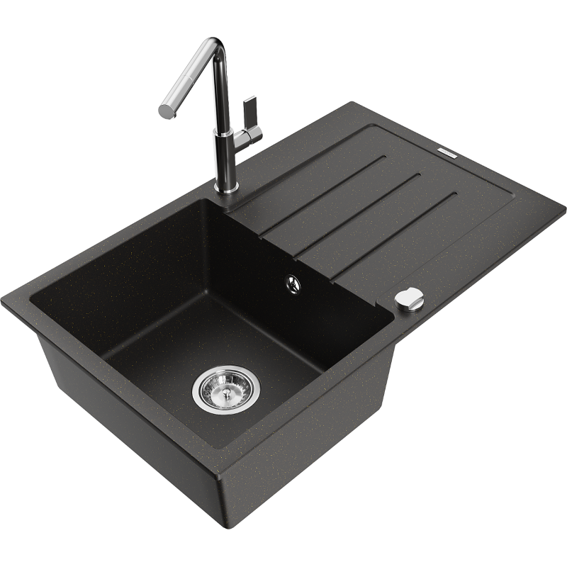 Mexen Bruno granite sink 1-bowl with drainer and Flora kitchen tap, black/golden metallic - 6513-75-670401-00