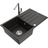 Mexen Bruno Granitspüle mit 1 Becken, Abtropffläche und Küchenarmatur Flora, schwarz/goldmetallik - 6513-75-670401-00