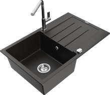 Mexen Bruno fregadero de granito de 1 cubeta con escurridor y grifo de cocina Flora, negro/dorado metálico - 6513-75-670401-00