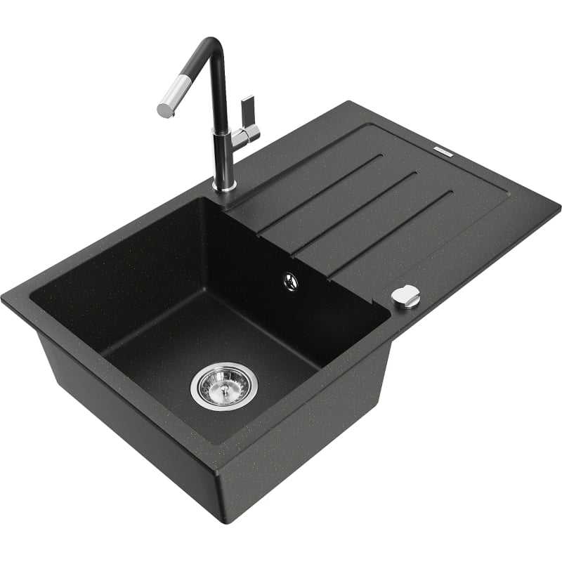 Mexen Bruno granite kitchen sink single-bowl with drainer and Flora kitchen faucet, black/gold metallic - 6513-75-670401-07