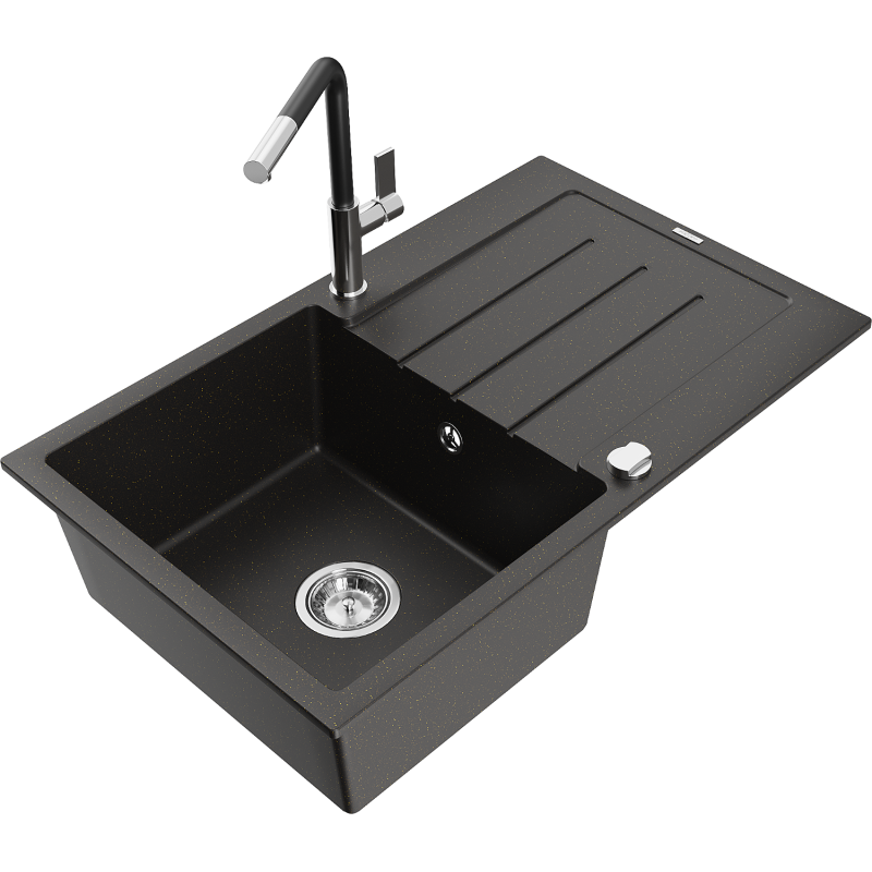 Mexen Bruno lava-loiça em granito de uma bacia com escorredor e torneira de cozinha Flora, preto/dourado metálico