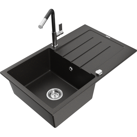 Mexen Bruno granite kitchen sink single-bowl with drainer and Flora kitchen faucet, black/gold metallic - 6513-75-670401-07