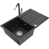 Mexen Bruno granite kitchen sink single-bowl with drainer and Flora kitchen faucet, black/gold metallic - 6513-75-670401-07
