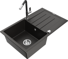 Mexen Bruno fregadero de granito de 1 seno con escurridor y grifo de cocina Flora, negro/dorado metálico - 6513-75-670401-07