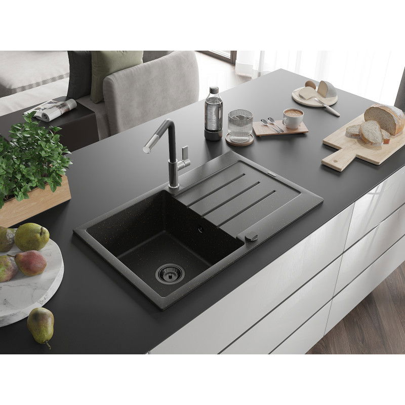 Mexen Bruno Granitspüle 1-beckig mit Abtropffläche und Küchenarmatur Flora, schwarz/gold-metallic - 6513-75-670401-07-B