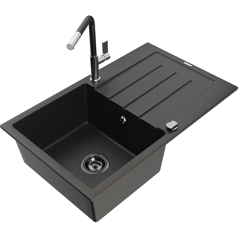 Mexen Bruno 1-bowl granite sink with drainer and Flora kitchen tap, black/gold metallic - 6513-75-670401-07-B