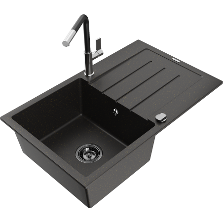 Mexen Bruno 1-bowl granite sink with drainer and Flora kitchen tap, black/gold metallic - 6513-75-670401-07-B