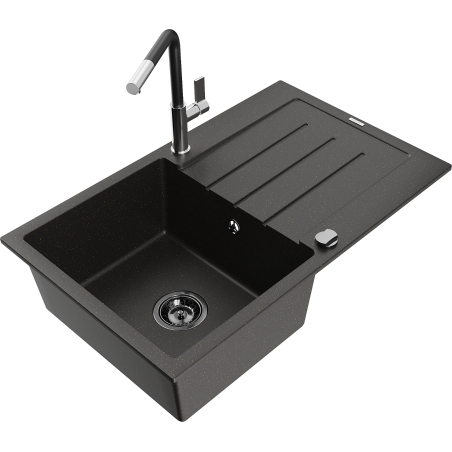 Mexen Bruno granite sink 1-bowl with drainer and Flora kitchen faucet, black/gold metallic - 6513-75-670401-07-B
