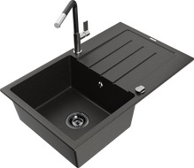 Mexen Bruno fregadero de granito de un seno con escurridor y grifo de cocina Flora, negro/dorado metálico - 6513-75-670401-07-B