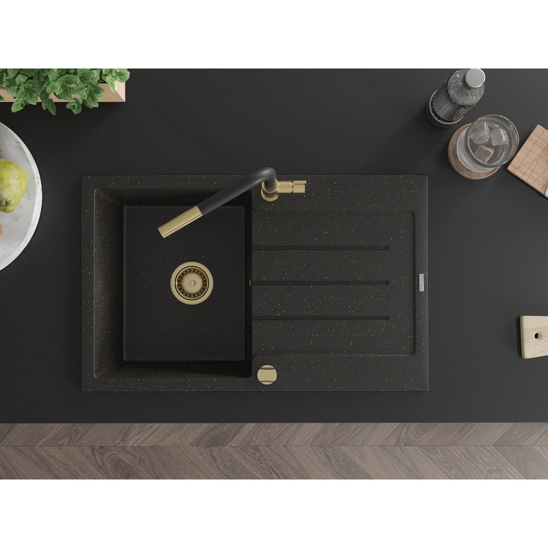 Mexen Bruno granitstenen gootsteen met 1 bak, afdruiprek en keukenkraan Flora, zwart/goud metallic - 6513-75-670401-57-G