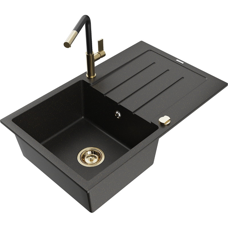 Mexen Bruno fregadero de granito de 1 compartimiento con escurridor y grifo de cocina Flora, negro/dorado metálico