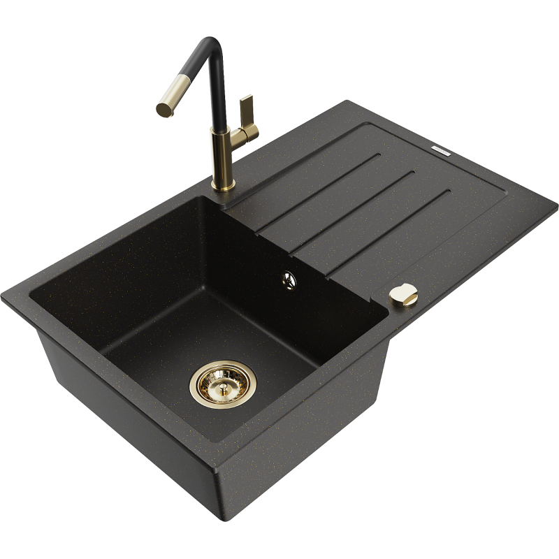 Mexen Bruno lava-louça de granito 1-cuba com escorredor e torneira de cozinha Flora, preto/ouro metálico - 6513-75-670401-57-G