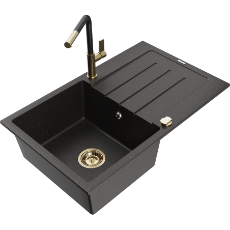 Mexen Bruno Granitspüle 1-Becken mit Abtropffläche und Küchenarmatur Flora, schwarz/gold metallic - 6513-75-670401-57-G