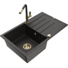 Mexen Bruno fregadero de granito 1 cámara con escurridor y grifo de cocina Flora, negro/dorado metálico - 6513-75-670401-57-G