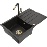 Mexen Bruno granieten spoelbak 1-komorige met afdruiprek en keukenkraan Flora, zwart/goud metallic - 6513-75-670401-57-G