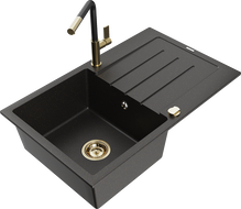 Mexen Bruno granieten spoelbak 1-komorige met afdruiprek en keukenkraan Flora, zwart/goud metallic - 6513-75-670401-57-G