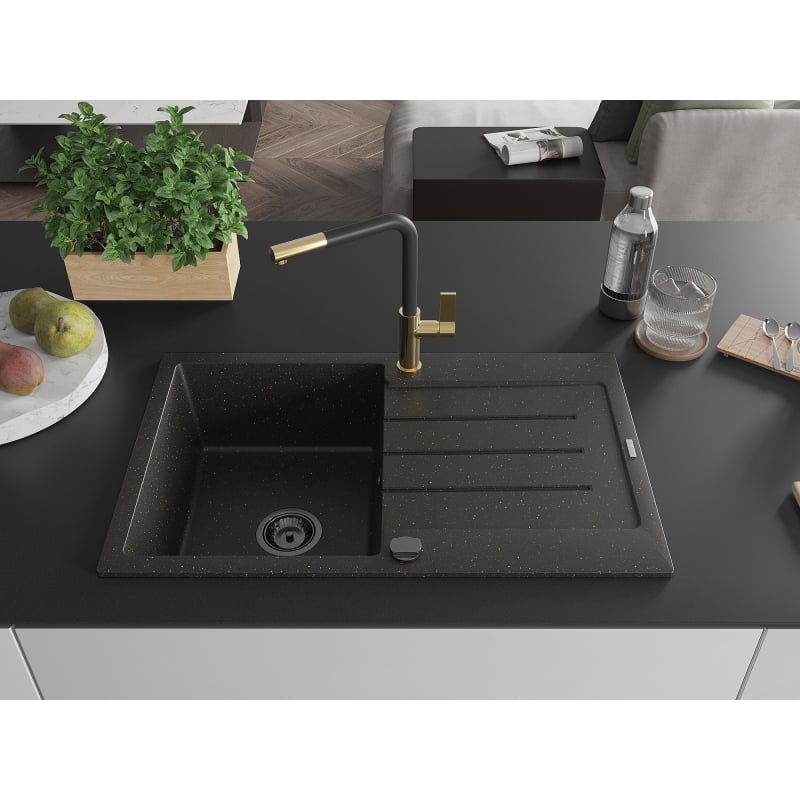 Mexen Bruno Granit-Einzelbecken-Spüle mit Abtropffläche und Küchenarmatur Flora, schwarz/gold metallic - 6513-75-670401-57-B