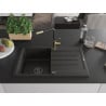 Mexen Bruno Granit-Einzelbecken-Spüle mit Abtropffläche und Küchenarmatur Flora, schwarz/gold metallic - 6513-75-670401-57-B