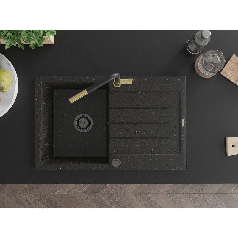 Mexen Bruno fregadero de granito de 1 seno con escurridor y grifo de cocina Flora, negro/dorado metálico - 6513-75-670401-57-B