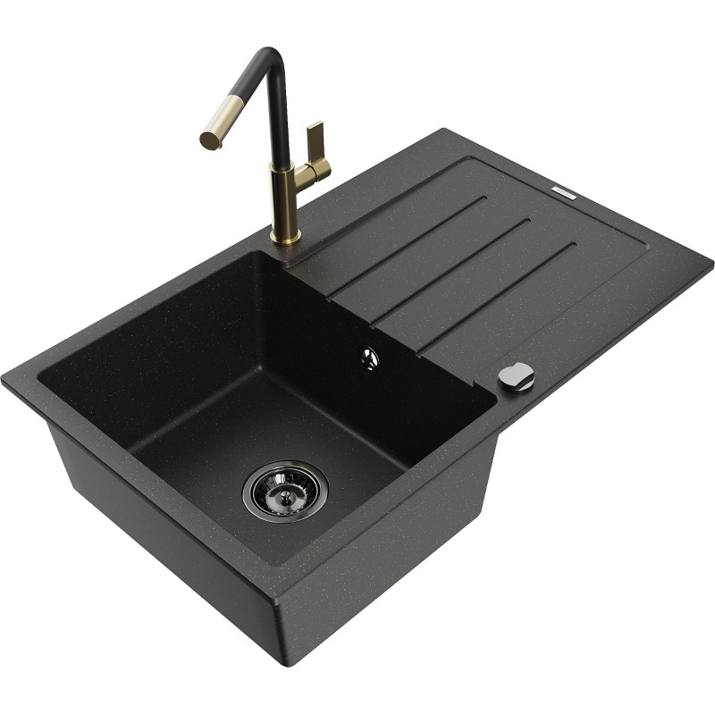 Mexen Bruno fregadero de granito de 1 cubeta con escurridor y grifo de cocina Flora, negro/dorado metálico