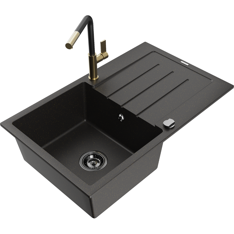 Mexen Bruno fregadero de granito de 1 seno con escurridor y grifo de cocina Flora, negro/dorado metálico - 6513-75-670401-57-B