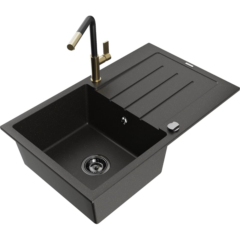 Mexen Bruno Granit-Einzelbecken-Spüle mit Abtropffläche und Küchenarmatur Flora, schwarz/gold metallic - 6513-75-670401-57-B