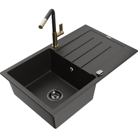 Mexen Bruno fregadero de granito de 1 seno con escurridor y grifo de cocina Flora, negro/dorado metálico - 6513-75-670401-57-B