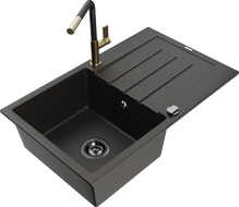 Mexen Bruno fregadero de granito de 1 seno con escurridor y grifo de cocina Flora, negro/dorado metálico - 6513-75-670401-57-B