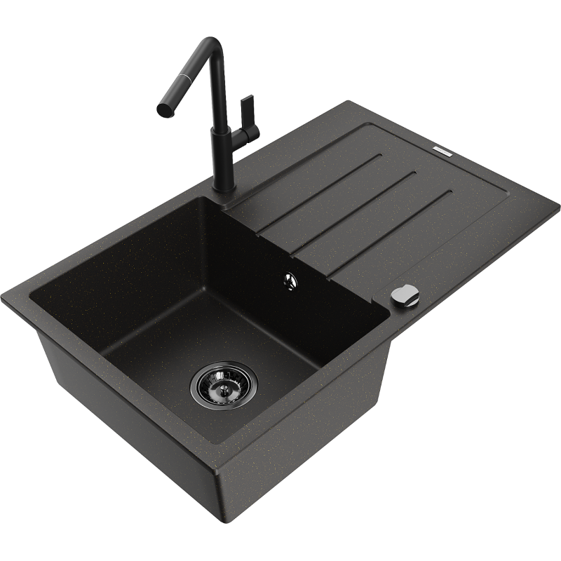 Mexen Bruno fregadero de granito de 1 seno con escurridor y grifo de cocina Flora, negro/oro metálico - 6513-75-670401-70-B