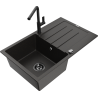Mexen Bruno 1-bowl granite sink with drainer and Flora kitchen tap, black/gold metallic - 6513-75-670401-70-B