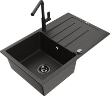 Mexen Bruno fregadero de granito de 1 seno con escurridor y grifo de cocina Flora, negro/oro metálico - 6513-75-670401-70-B