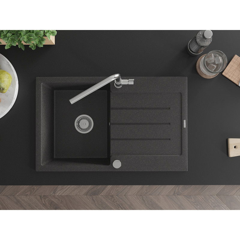 Mexen Bruno fregadero de granito de 1 cubeta con escurridor y grifo de cocina Flora, negro moteado - 6513-76-670401-00