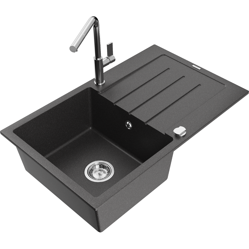 Mexen Bruno fregadero de granito de 1 cubeta con escurridor y grifo de cocina Flora, negro moteado - 6513-76-670401-00