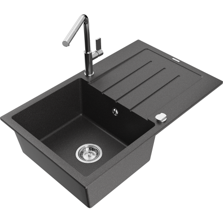 Mexen Bruno fregadero de granito de 1 compartimento con escurridor y grifo de cocina Flora, negro moteado - 6513-76-670401-00