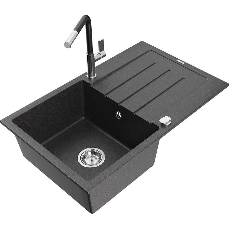 Mexen Bruno granite kitchen sink, 1-bowl with drainer and Flora kitchen tap, speckled black - 6513-76-670401-07