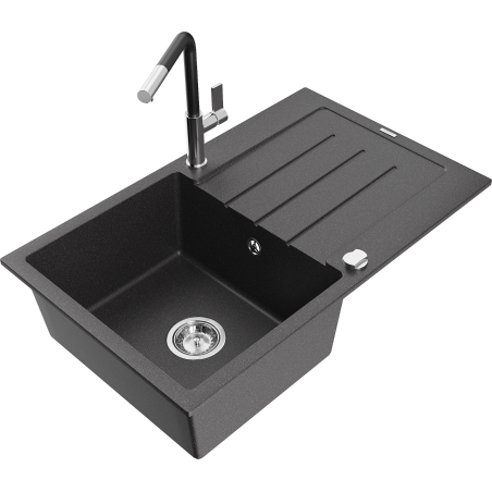 Mexen Bruno fregadero de granito 1 seno con escurridor y grifo de cocina Flora, negro moteado - 6513-76-670401-07