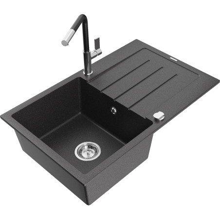 Mexen Bruno granite kitchen sink, 1-bowl with drainer and Flora kitchen tap, speckled black - 6513-76-670401-07