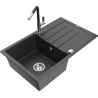 Mexen Bruno granite kitchen sink, 1-bowl with drainer and Flora kitchen tap, speckled black - 6513-76-670401-07