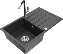 Mexen Bruno fregadero de granito de 1 cubeta con escurridor y grifo de cocina Flora, negro moteado - 6513-76-670401-07