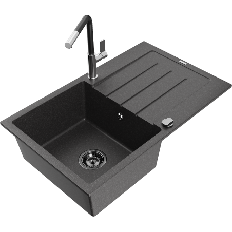 Mexen Bruno granite 1-bowl sink with drainer and Flora kitchen tap, black speckled - 6513-76-670401-07-B