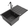 Mexen Bruno granite 1-bowl sink with drainer and Flora kitchen tap, black speckled - 6513-76-670401-07-B