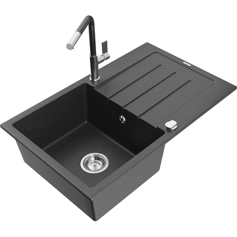Mexen Bruno fregadero de granito de 1 cubeta con escurridor y grifo de cocina Flora, negro moteado - 6513-76-670401-08