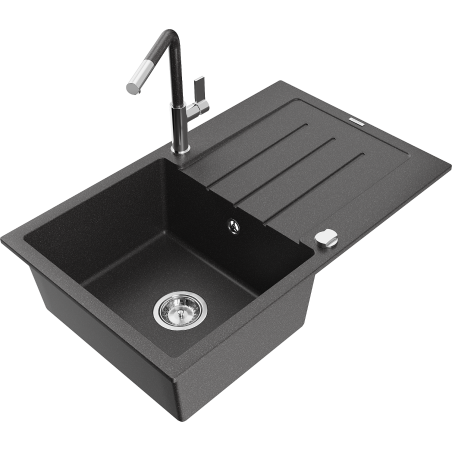 Mexen Bruno 1-bowl granite sink with drainer and Flora kitchen tap, speckled black - 6513-76-670401-08